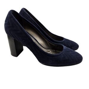 Aquatalia Navy Blue Suede Quilted Block Heel Pumps Made in Italy Size 8.5 Luxury